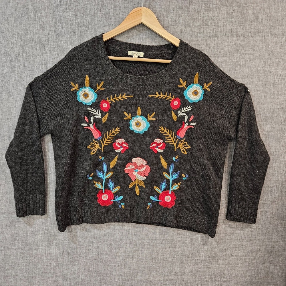 Women's Embroidered Floral Sweater XL Cottagecore Cabincore Grandma